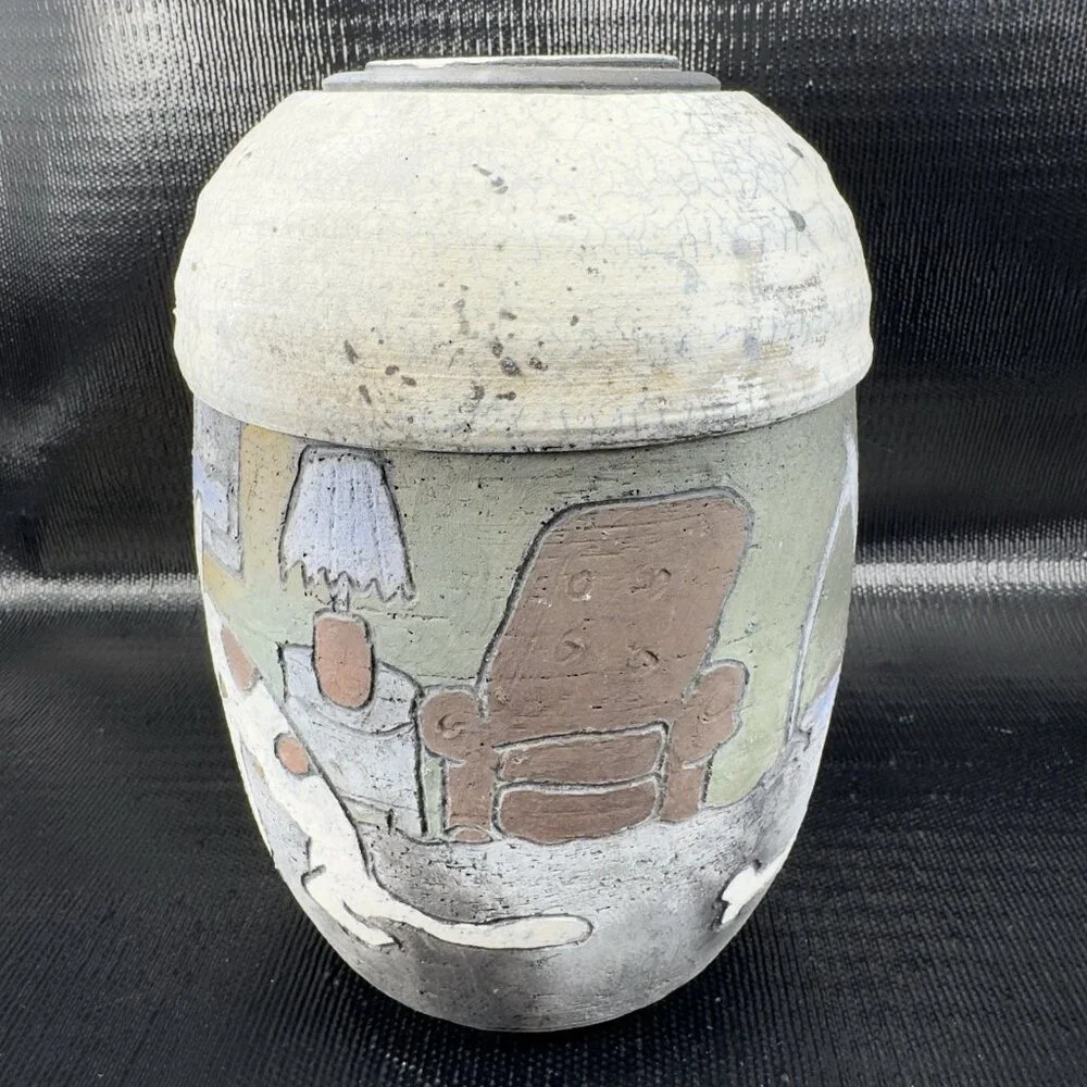 Vintage Hand Made Raku Pottery Large Vase Vessel Dog‎ Fish Couch Signed READ
